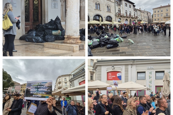 Prosvjednici pobacali vreće smeća pred komunalnu palaču. 'Evo Peđa, neka tebi smrdi'