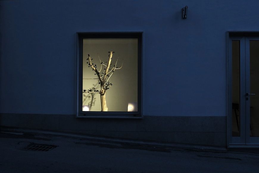 Pogled s ulice na skulpturu u galeriji