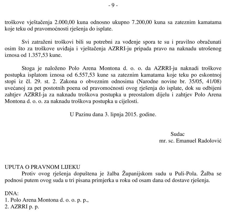 Faksmil prve i zadnje stranice presude pazinskog suda